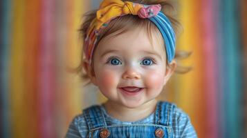 A baby with blue eyes and a headband photo