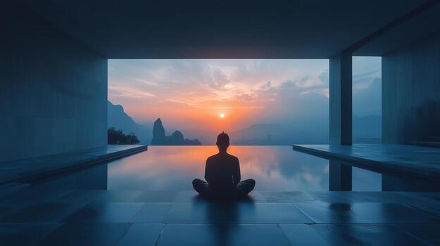 A person sitting in meditation position in front of a pool photo