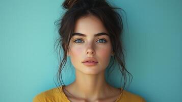 Beautiful young woman with blue eyes and a messy bun photo