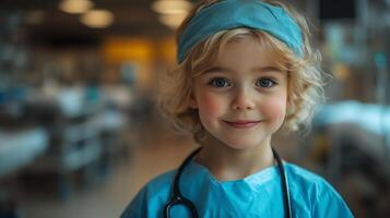 A young girl in a blue scrub suit photo