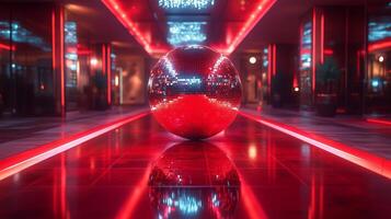 A red ball in a hallway with red lights photo