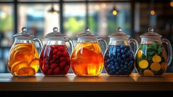 Many teapots with brewed fruit tea with different flavors. photo