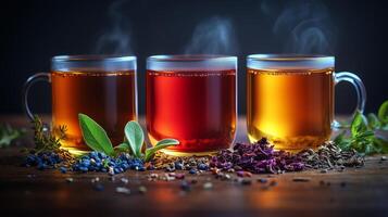 row of three different herbal teas 3 different herbal teas photo