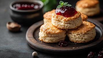 Biscuits with jam and mint on a black plate photo