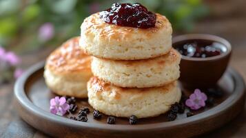 Biscuits with jam and flowers on a wooden plate photo