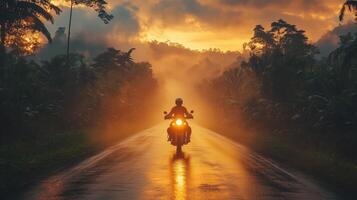 A person riding a motorcycle down a road at sunset photo