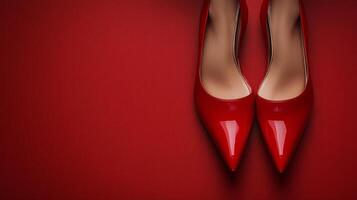 A pair of red high heeled shoes on a red background photo