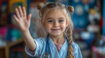 A little girl in a doctor's uniform waving photo