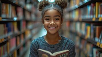 A young girl smiles while holding an open book photo