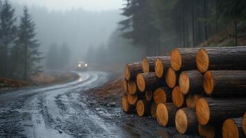 A road with logs stacked on it in the fog photo