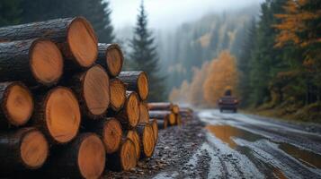 A truck drives down a road with logs stacked on top photo