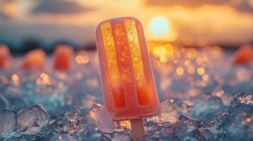 A popsicle sitting on ice in the sun photo