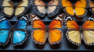 A group of colorful butterflies are arranged in a row photo