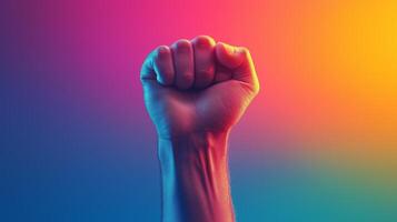 A fist is raised up in the air on a colorful background photo