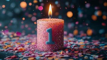 1st birthday candle with confetti and confetti confetti on the background photo