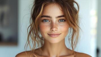 un hermosa joven mujer con pecas en su cara foto