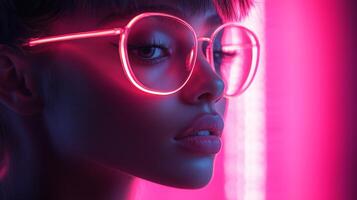 A woman with neon glasses and a pink background photo