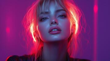 A woman with neon lights on her face photo