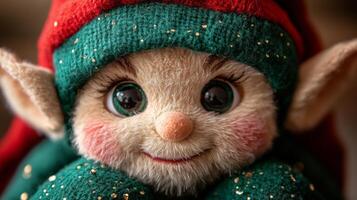 A close up of a stuffed elf with green eyes photo