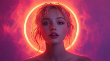 A woman with neon lights around her head photo