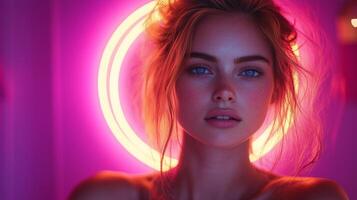 A woman with neon lights around her photo