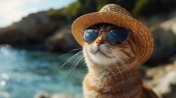 A cat wearing a straw hat and sunglasses by the ocean photo