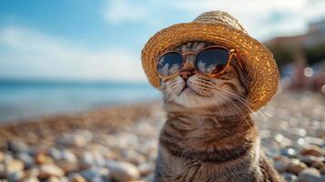 A cat wearing a hat and sunglasses on the beach photo