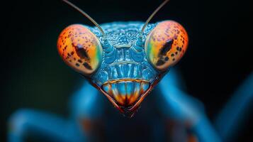 A Close Up View Of A Blue Praying Mantis photo