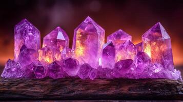 Amethyst crystals on a wooden base photo