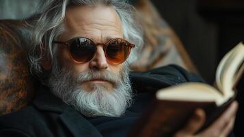 An older man with a beard and sunglasses reading a book photo