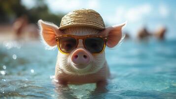 A Pig with hat and sunglasses surfing in the blue clear water photo