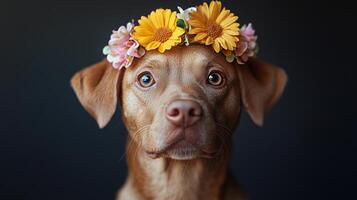 A dog wearing a flower crown on its head photo