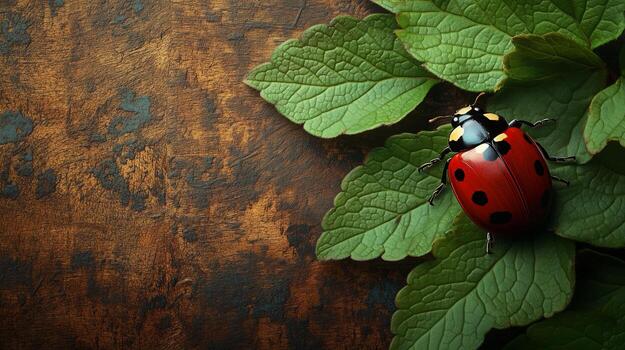 Ladybug on green leaf on wooden background photo