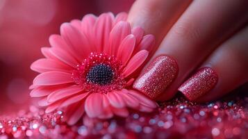 A woman's hand with glittery nail polish and a pink flower photo