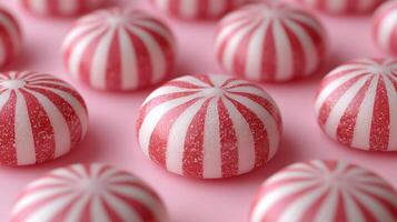 A close up of candy balls with white and red stripes photo