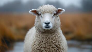 A sheep standing in a field with tall grass photo