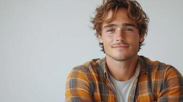 A man with curly hair and a plaid shirt photo