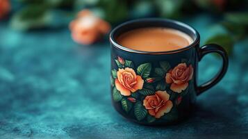 Coffee mug with roses on blue background photo