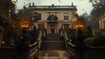 A beautiful mansion in the middle of a forest photo