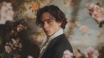 A man with curly hair and a white shirt is standing in front of a floral wall photo