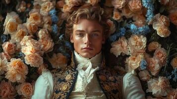 A man in a white dress laying in a bed of flowers photo
