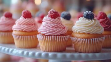 Cupcakes with frosting and berries on a white cake stand photo