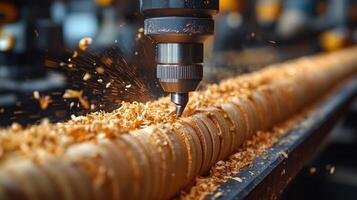 A machine is cutting wood with a drill photo
