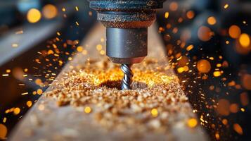 A drill is cutting into a piece of wood photo
