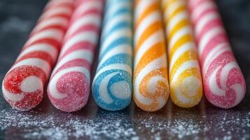 A row of colorful candy sticks on a black surface photo