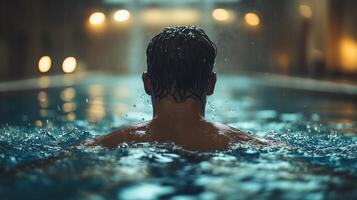 Competitive swimmer preparing for race indoor pool photo