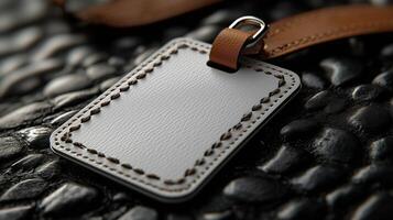 A white leather luggage tag on a black surface photo