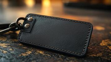 A leather keychain with a black tag photo