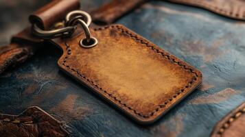 A close up of a leather bag with a tag photo