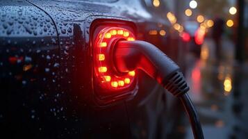 An electric car is plugged into an electric socket photo